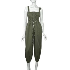 GILLI Jumpsuit Olive Green Ruched Elastic Front Zipper Size Small Sleeveless